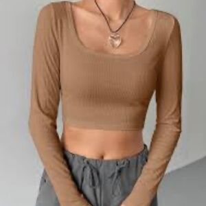 Shein Brown Cropped Long Sleeve Fitted Top Size Medium